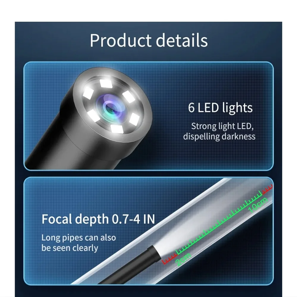 Endoscope Camera With Light Borescope With 6 LED Lights 9.8ft Semi Rigid Snake